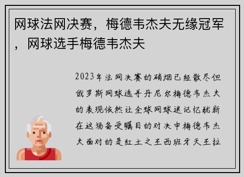 网球法网决赛，梅德韦杰夫无缘冠军，网球选手梅德韦杰夫