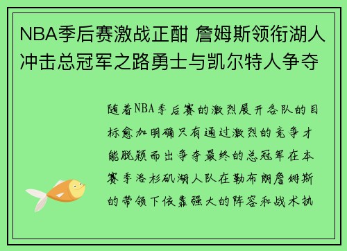 NBA季后赛激战正酣 詹姆斯领衔湖人冲击总冠军之路勇士与凯尔特人争夺季后赛席位
