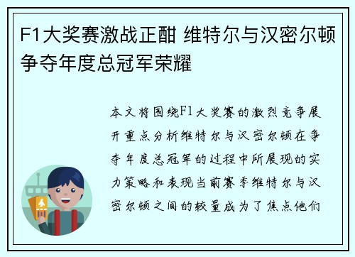 F1大奖赛激战正酣 维特尔与汉密尔顿争夺年度总冠军荣耀 F1大奖赛激战正酣 维特尔与汉密尔顿争夺年度总冠军荣耀