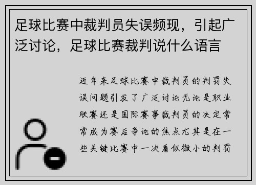 足球比赛中裁判员失误频现，引起广泛讨论，足球比赛裁判说什么语言