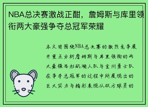 NBA总决赛激战正酣，詹姆斯与库里领衔两大豪强争夺总冠军荣耀
